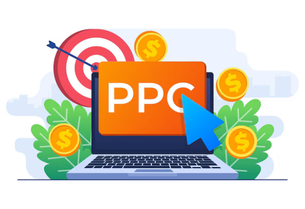 Illustration of a laptop with PPC (Pay Per Click) and target icons, coins, and a large cursor, showcasing PPC digital marketing services, strategic digital marketing solutions, and expertise from a digital marketing advertising agency.