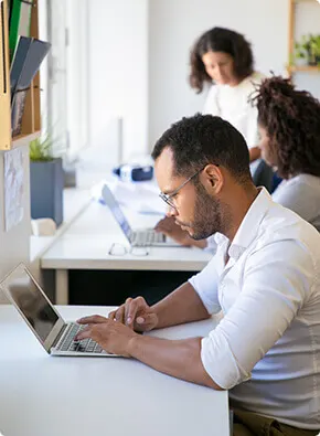 A team of professionals working on laptops in a modern office, showcasing collaboration in digital marketing services, digital marketing solutions, and work by a digital marketing advertising agency.