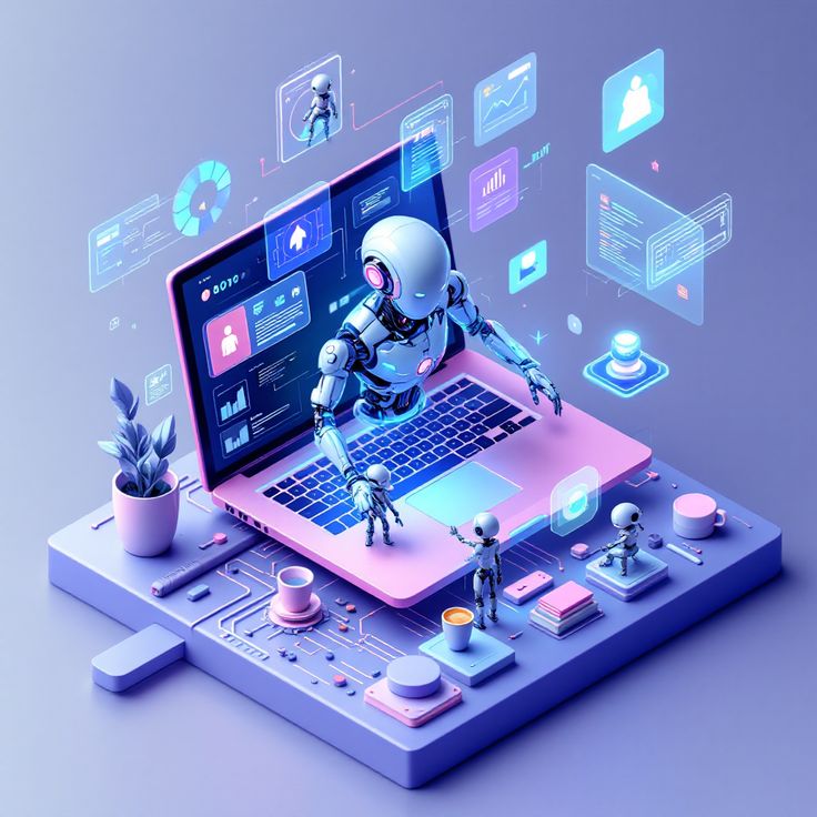 A futuristic illustration showing robots working on a laptop with digital charts and icons, representing AI-driven digital marketing services, innovative digital marketing solutions, and cutting-edge strategies from a digital marketing advertising agency.