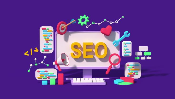 3D illustration of SEO on a computer monitor surrounded by charts, graphs, and coding elements, representing SEO-focused digital marketing services, effective digital marketing solutions, and expert strategies from a digital marketing advertising agency.