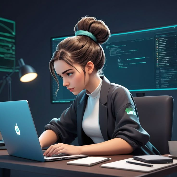 A woman professional working on a laptop in a modern tech workspace, symbolizing skilled digital marketing services, innovative digital marketing solutions, and expert work at a digital marketing advertising agency