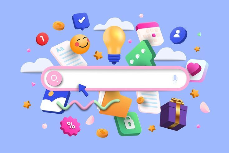 3D render of a colorful search bar surrounded by icons for ideas, files, social media, and notifications, symbolizing digital marketing services, innovative digital marketing solutions, and expert strategies from a digital marketing advertising agency.